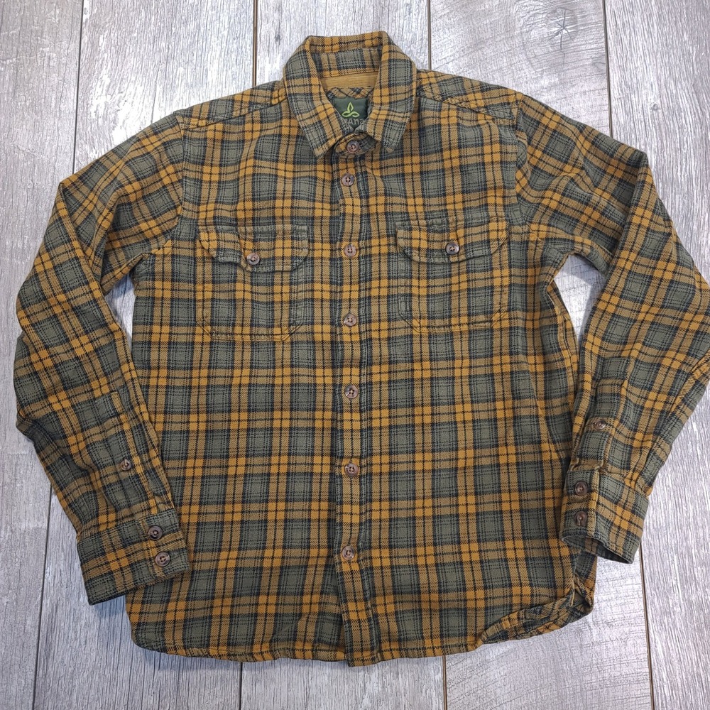 Prana Ansel Flannel Shirt Mens Size Small Yellow Olive Plaid Organic Cotton